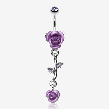 Bright Metal Rose Vine Dangle Belly Ring-Tanzanite